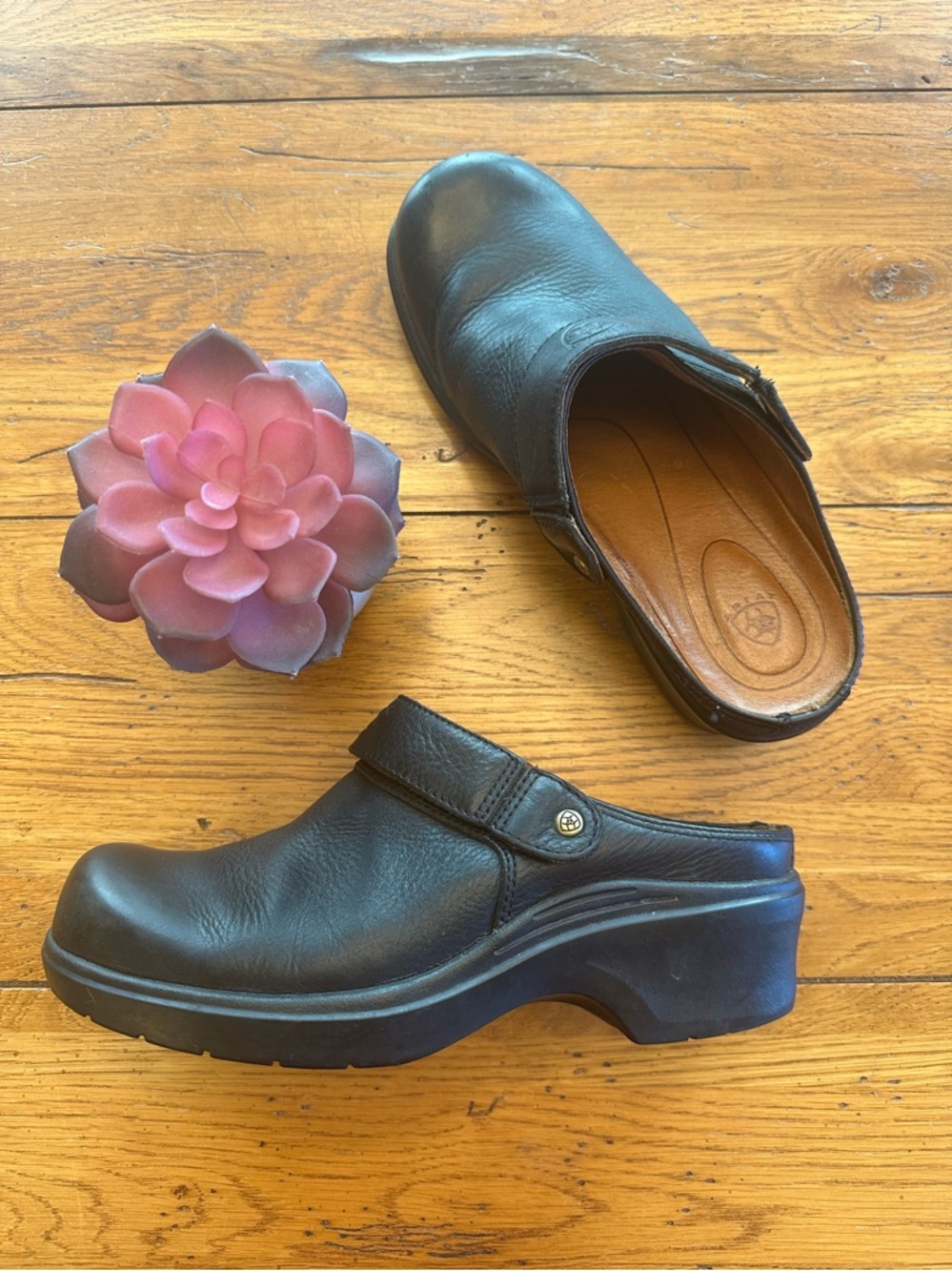 Ariat Santa Cruz 93801 Black Leather Slip-On Strap Clogs Mule Shoes Women's
